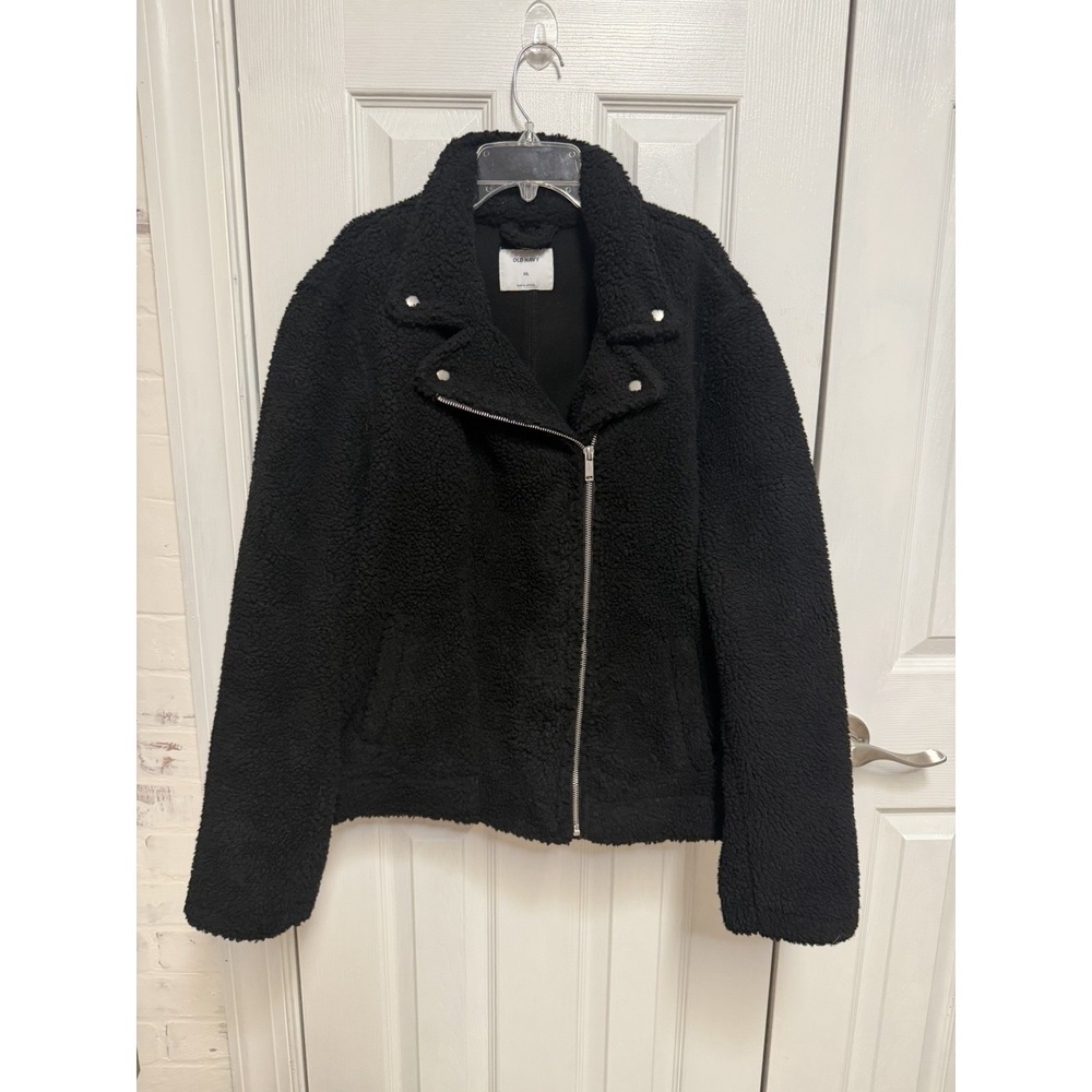 Old Navy Teddy Sherpa Moto Jacket XXL Black Full Zip Cozy Biker Fleece Plus Size